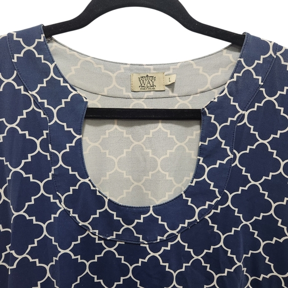 VTG Katherine Way Blue Quatrefoil Print Knee Length Sleeveless Dress Sz L Tactel - Picture 2 of 5